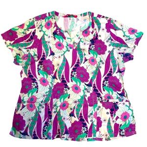 Beyond Scrubs Floral Women’s Scrub Top Magenta Purple Teal SZ XL